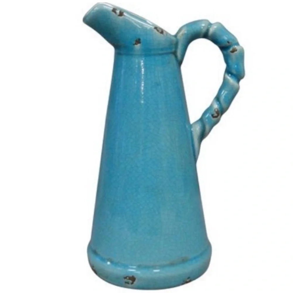 Vintage Pottery Vase Pitcher Water Jug Rustic Antique Glaze Turquoise Blue Green